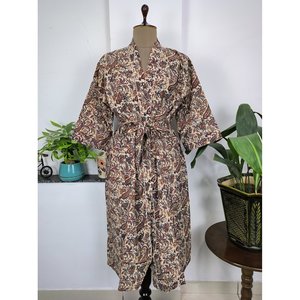 Bata de Casa Boho de Algodón Puro, Vestido de Verano con Estampado Indio Hecho a Mano, Diseño Paisley Persa, Rojo Beige, Talla King, Lujosa, Suave, para Playa, Vacaciones, Yate - Product Image 1