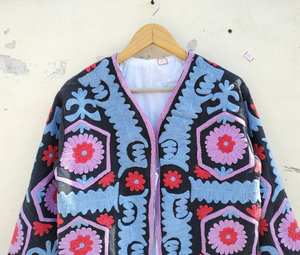 Handmade Beautiful Black Purple Cotton Embroidery Suzani Short <b>Jacket</b> for <b>Women</b> Floral Beach Party Wear Winter Quilted Autumn - Product Image 5