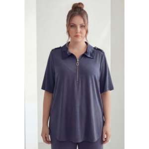 Chemisier en modal grande taille avec épaulettes et fermeture éclair bleu marine - Product Image 1