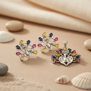Juego de Joyas de Plata 925 con Múltiples Piedras Preciosas, Diseño de Pavo Real, Clásico y Vintage, Aretes y Colgante con Perlas, Diamantes y Oro, para Regalo de Boda, Fiesta o Compromiso - Product Image 1