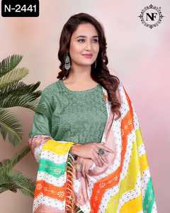 Most Beautiful Women Wear Fancy Chikankari Work Long Beautiful Kurtis with Palazzo and Digital Printed Chinon Dupatta Set - Product Image 5