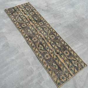 Turkish Small Rug, 1.6x4.9 ft Vintage Rug, <b>Brown</b> Check <b>Wool</b> Rug - Product Image 2