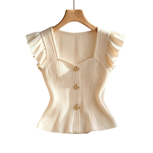 Chemisier plissé vintage 100 % coton pour femme, avec volants aux épaules, col carré, boutonnage frontal, coupe ajustée, idéal pour le quotidien - Product Image 1