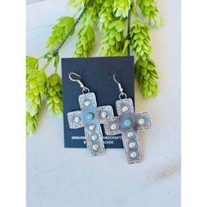Tim Yazzie Kingman Turquoise & Sterling <b>Silver</b> <b>Drop</b> <b>Earrings</b> Dangle Cross Design for Christian Occasions Great Gift Idea - Product Image 1