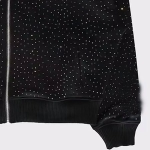 Sweat à capuche unisexe d'hiver en coton 100% respirant et imperméable, avec imprimé strass et broderie, couleur unie, style streetwear, avec fermeture éclair et poches - Product Image 4