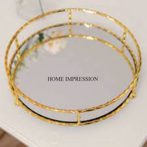 Bandeja de espejo de forma redonda con marco de metal chapado en oro de aspecto precioso de diseño elegante de fabricante indio - Product Image 5