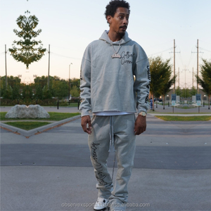 OEM personalizado Unisex de dos piezas de peso pesado 100% algodón transpirable secado rápido chándal conjunto desgastado bordado parche pantalones de chándal - Product Image 4