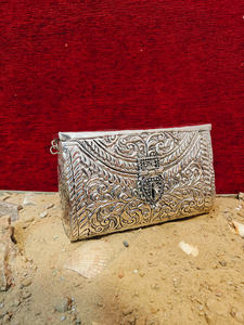 Indian Fully Handcrafted Vintage <b>Silver</b> Metal Evening <b>Clutch</b> with Chain Strap Luxury Womens Wedding Party Statement Handbag Made - Product Image 3