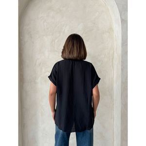 Camisa Casual de Lino 100% Negro para Mujer Topshow con Bolsillos y Apliques - Blusa Holgada de Color Liso para Verano - Product Image 5