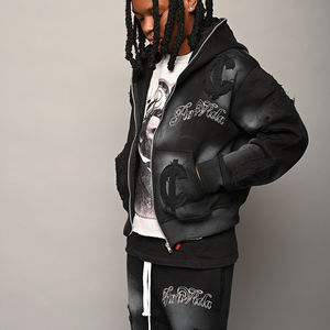 Ensemble survêtement deux pièces pour homme personnalisé OEM, lourd, avec broderie délavée, pantalon de survêtement et sweat à capuche avec strass délavé à l'acide - Product Image 2