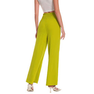 Pantalon large taille haute en maille froissée, style décontracté, léger, pour la détente, devant plat, taille smockée, tissu respirant - Product Image 2