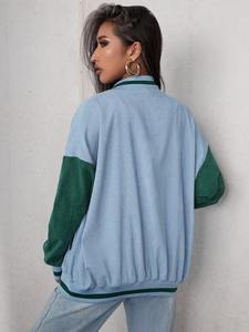 Blouson universitaire pour femme grande taille, couleur unie, avec manches en cuir, respirant et finition teinte unie - Product Image 2