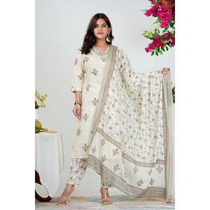 Conjunto de Kurta Floral de Chifón con Dupatta y Mangas 3/4 - Elegante Color Blanco Hueso - Product Image 3