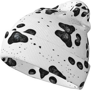Bonnet tricoté chaud à motif empreinte de patte de chien pour femme, bonnet élégant unisexe sans bord, casquette à revers noire - Product Image 1