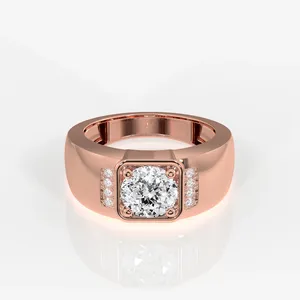 Men's 14K Yellow Gold Portuguese Cut Lab Grown Diamond Geometric Rhodium Plated Pave Setting Engagement Wedding <b>Ring</b> - Product Image 5