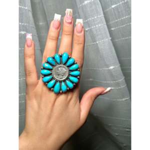 Annie Spencer Kingman Turquoise & Sterling Silver <b>Adjustable</b> Fashion <b>Ring</b> Stylish Inlay on Stainless Steel Perfect Gift Idea - Product Image 5