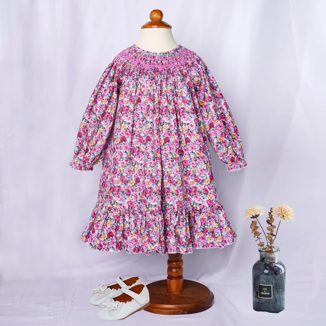 New Collection Lovely Hand Smocked Christmas Flower Cute Children Pink Dress Embroidery Chiclore 2023