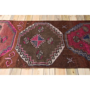 3.7x7.7 ft Vintage Turkish Rug, Area Rug, <b>Brown</b> Pink Geometric <b>Wool</b> Rug - Product Image 3