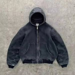 Ventes en gros de sweat-shirts à capuche en denim vierge à fermeture éclair, surdimensionnés, 500 g/m², avec strass, lavage à l'acide, en molleton French Terry - Product Image 1