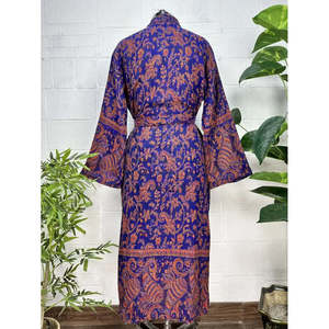 Unisex Yak Wool Robe Geometric Diamond Print Urban Luxury Floral Warm Beige <b>Red</b> and Blue-Green Dyed - Product Image 6