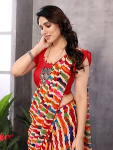 ชุดส่าหรีสวยสำหรับเจ้าสาว, เสื้อผ้าปาร์ตี้แต่งงาน georgette น้ำหนักเบาแฟนซี - Product Image 5