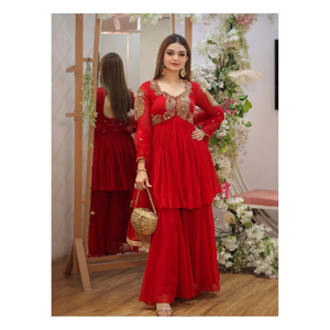 Heavy Faux Georgette <b>Top</b> Palazzo Dupatta Set Embroidery <b>Sequins</b> Work Fully Stitched Ready Wear Party Floor-Length Pakistani Suit - Product Image 1