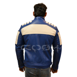 Unisex Blue Leather Biker <b>Jacket</b> With Beige Padded Shoulders & Front Zipper | Premium Fashion Outerwear Supplier - Product Image 6