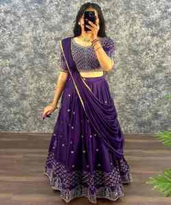Lehenga Choli de Lino de Lujo para Bodas Pakistaníes, con Pedrería, para Mujer, Ropa Festiva, Talla Grande, Antiarrugas, Transpirable, Estilo Indio - Product Image 1