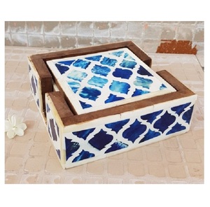 Juego de posavasos de té con incrustaciones de hueso de 4 azul/Marfil indio Floral/Geo patrón cuadrado Barware manteles de mesa para vasos de piedra caliente/fría - Product Image 3