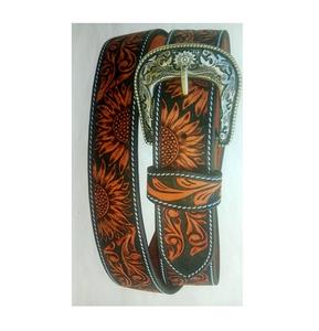 Ceintures en cuir marron foncé unisexes très vendues Ceintures à perles usinées florales Boucles fantaisie Fabricants de chevaux durables personnalisés - Product Image 2