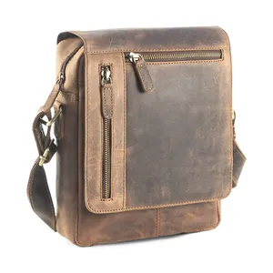 Messenger Bags Crossbody Vintage Look Genuine Leather Double Pocket Unisex Sling Leather Messenger Bag For Sale