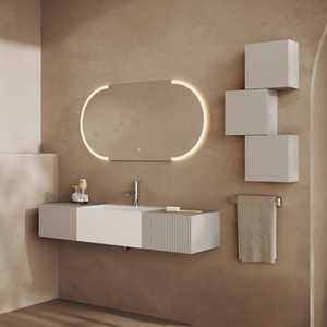 Meuble de salle de bain mural Rota 140 cm avec 2 tiroirs gris nacré et miroir ovale de 120 cm, ensembles de salle de bain de luxe - Product Image 2