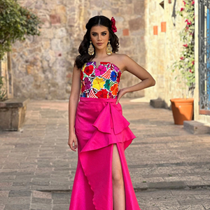 เดรสยาวเปิดไหล่สีฟ้าสำหรับใส่ทำงานปักลายดอกไม้สีชมพูชุดเดรสยาวเปิดไหล่สำหรับฤดูร้อนใหม่ล่าสุด - Product Image 1