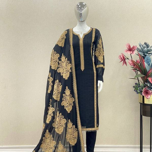 Lanzamiento de un nuevo diseñador Party Wear Look Top Bottom y Dupatta Set Faux Georgette Fabric Suit con bordado de trabajo completamente cosido - Product Image 1