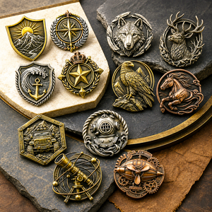 Badges métalliques moulés sous pression 3D personnalisés, or et argent antique, emblèmes boussole, montagne, ancre, couronne, étoile - Product Image 4
