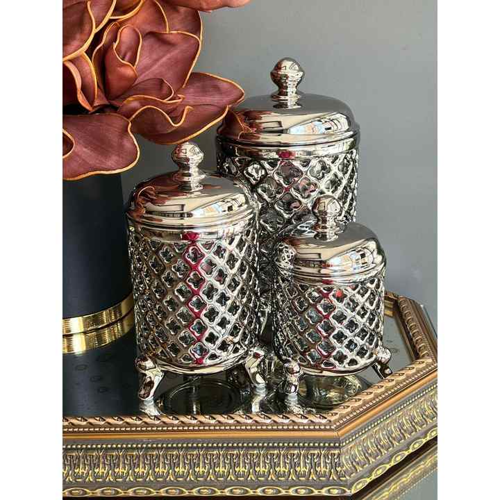 Wicker Vacuum Jar with Lid Set of 3 Silver