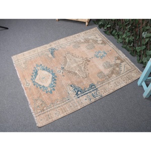 Vintage Small Moroccan Rug 3.3x3.9 ft Blue <b>Brown</b> Patchwork <b>Wool</b> with Latex Backing Eco-Friendly Home Rug - Product Image 2