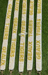 Custom Geaux Tigers Beaded Sequin <b>Crossbody</b> Bag <b>Straps</b> White and Yellow Gold Shoulder <b>Strap</b> With Premium Hardware - Product Image 4