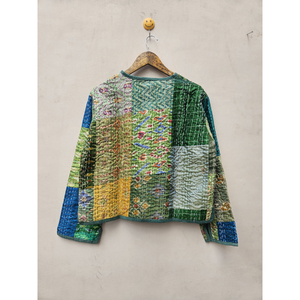 Indian Handcrafted Vintage Kantha Quilted Silk <b>Saree</b> Patchwork Women's Winter <b>Jacket</b> Boho Chic Artisan Comfort Stripe Reversible - Product Image 6