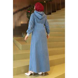 Manteau Abaya en jean côtelé à capuche bleu clair 19280 pour femme Mega Merchant – Veste et Trench-coat quotidiens modestes - Product Image 4