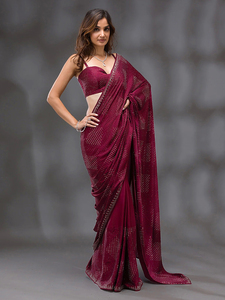 Sari de mariage Trendmalls pour femmes Siroski avec pièce de blouse non cousue (K1132-Violet) Coupe régulière - Product Image 2