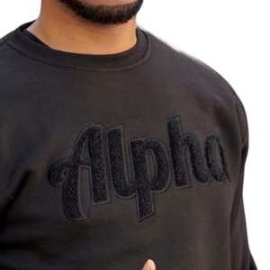 Solid <b>Black</b> Alpha Chenille <b>Sweatshirt</b> Greek Life Apparel Wholesale Custom Fraternity Clothing, Embroidered Pullover Style - Product Image 5