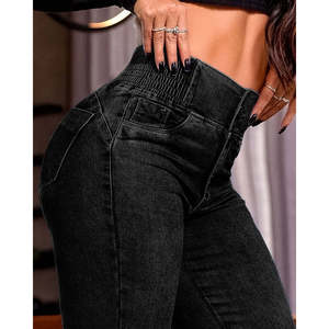 Women's High-Waisted <b>Elasticated</b> Sides Button-Front <b>Jeans</b>, 31782 - Black - Product Image 4