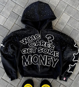 Nouveau style tendance, vente en gros de sweats à capuche pour hommes avec fermeture éclair, lavage à l'acide, strass, sweats à capuche unis, doux, streetwear, sweat à capuche personnalisé avec strass - Product Image 1