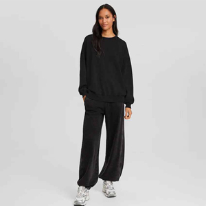 <b>Women's</b> Casual Two-Piece Tracksuit Set Oversized <b>Black</b> Sweatshirt Pants Plain Crewneck Pullover Loose Fit Loungewear Front Logo - Product Image 2