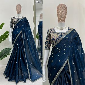 Sari de Satén Fandy con Diseño Exclusivo y Elegante Blusa, Estilo Étnico Moderno, Última Moda India, Ropa de Fiesta Modesta para Mujer - Product Image 6