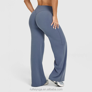 Mallas de entrenamiento acampanadas de cintura alta con logotipo personalizado OEM, pantalones de Yoga de pierna ancha rectos elásticos suaves para mujer para estilo informal de primavera - Product Image 2