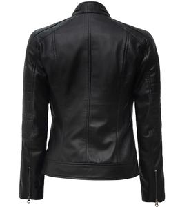 Chaqueta de Cuero Genuino de Piel de Oveja Negra para Mujer, Diseño Personalizado, Acolchada, Corte Ajustado, Estilo Moto Cafe Racer, Fabricada en Pakistán - Product Image 4