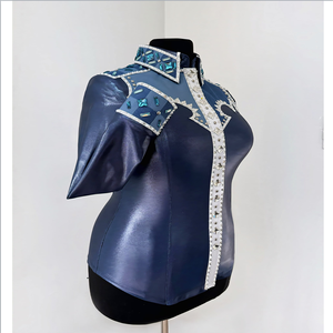 Spandex métallisé Western Show Shirt Deepsea Titanium Denim Blanc Turquoise Couleur Pierre Détaillant Col Poignets Avec Fermeture Éclair Cachée - Product Image 1