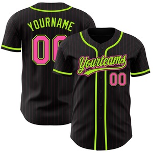 Venta al por mayor de ropa deportiva de la industria de la ropa personalizada Negro Rosa a rayas Rosa-Verde neón Auténtica camiseta de béisbol - Product Image 1